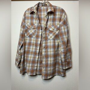 Boohoo, US size small, plaid terracotta/blue long sleeve shirt.